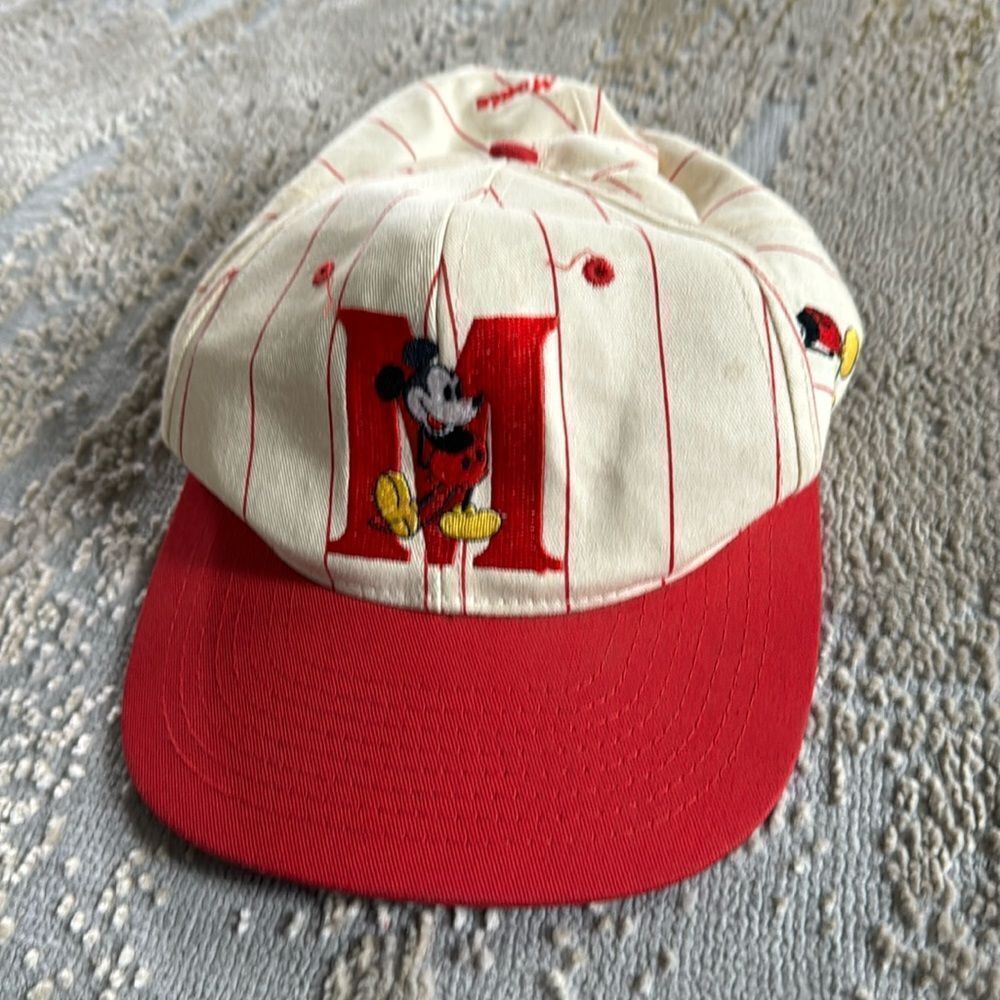 Vintage Mickey Mouse Disney Red Stripe Strap Back Baseball Hat Cap 1990's GUC